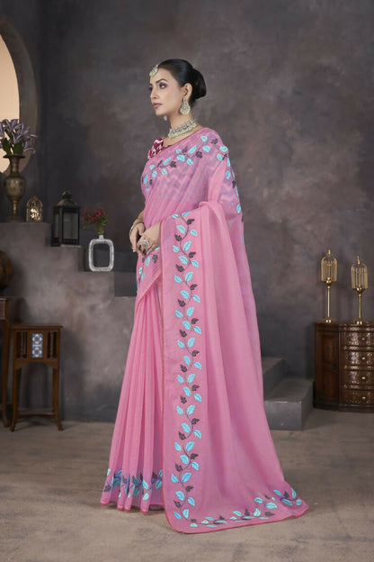 Vastranavya Pink Soft Crush Georgette Thread Embroidery work of Leaf Pattern with Patched Lace Border Saree