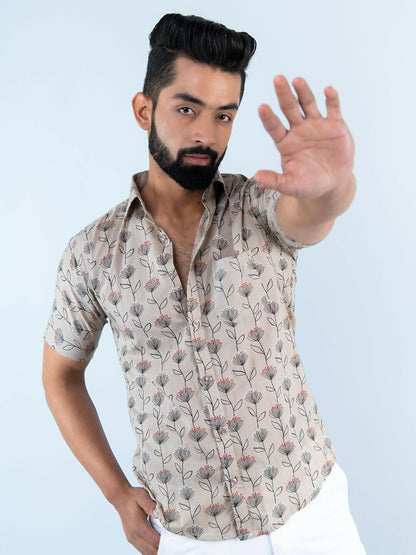 Miravan Men's Floral Printed Half Sleeve Spread Collar Ethnic Motifs Beige Slim Fit Shirt