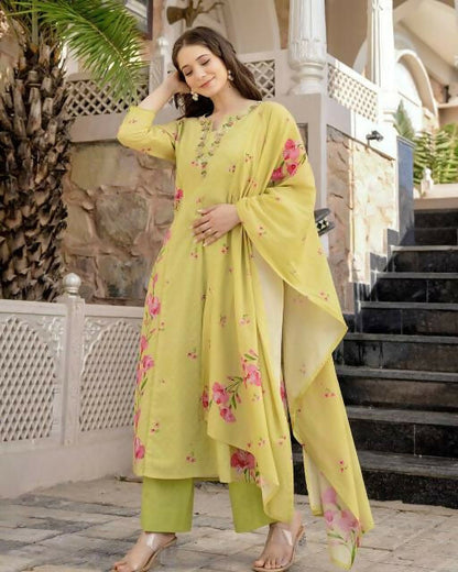 The52 Lemons Women's Beautiful Chanderi Fabric Printed Work Straight Kurta Pant and Dupatta Set