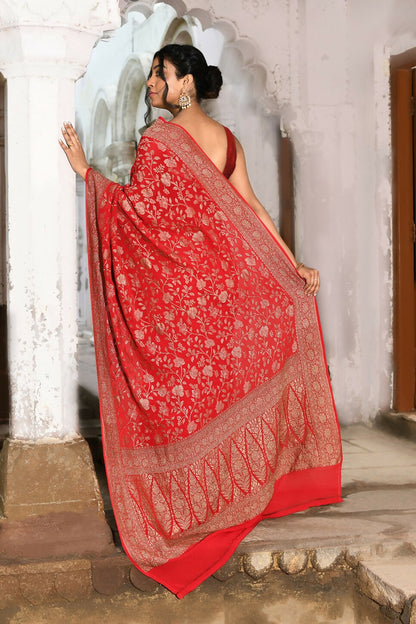 Joban Fashion Red Crepe Chiffon Banarasi Pure Handloom Banarasi Silk Saree