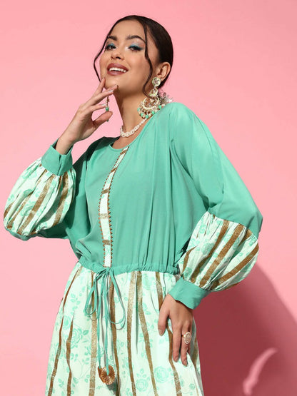 Ahalyaa Women Gorgeous Green Printed Once Upon a Sleeve Jumpsuit
