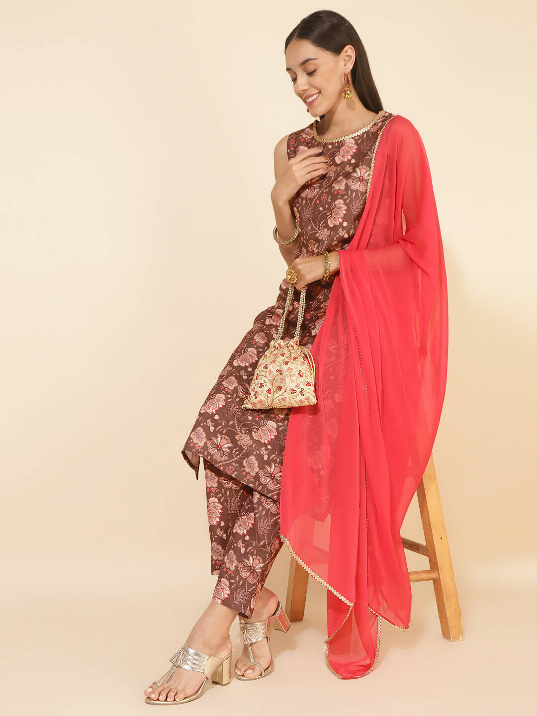 Janasya Women's Brown Crepe Digital Floral Printed Festive Straight Kurta Set