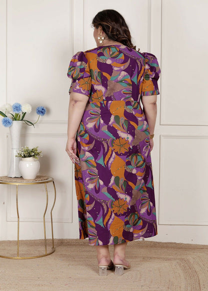 Miravan Womens Plus Size Floral Print Puff Sleeve Pure Cotton Magenta Butterfly Maxi Dress