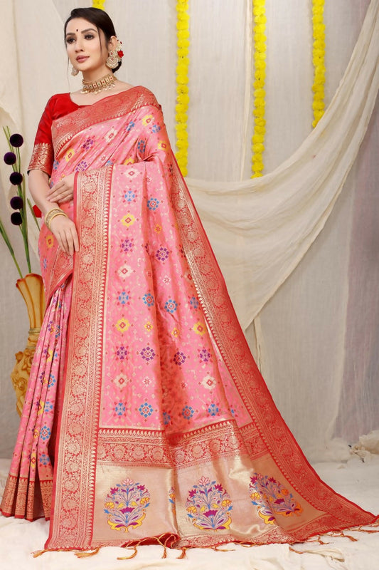 Jyoti Fashion Women's Baby Pink Patola Silk Zari Woven Saree with Blouse