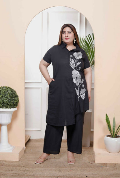 Miravan Women's Plus Size Black Pure Cotton Floral Embroidered High Low Co-Ord Set