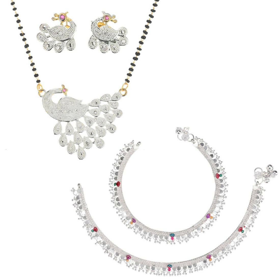 AanyaCentric Gold-Polished Mangalsutra Pendant Earring Set & Silver Plated Anklet