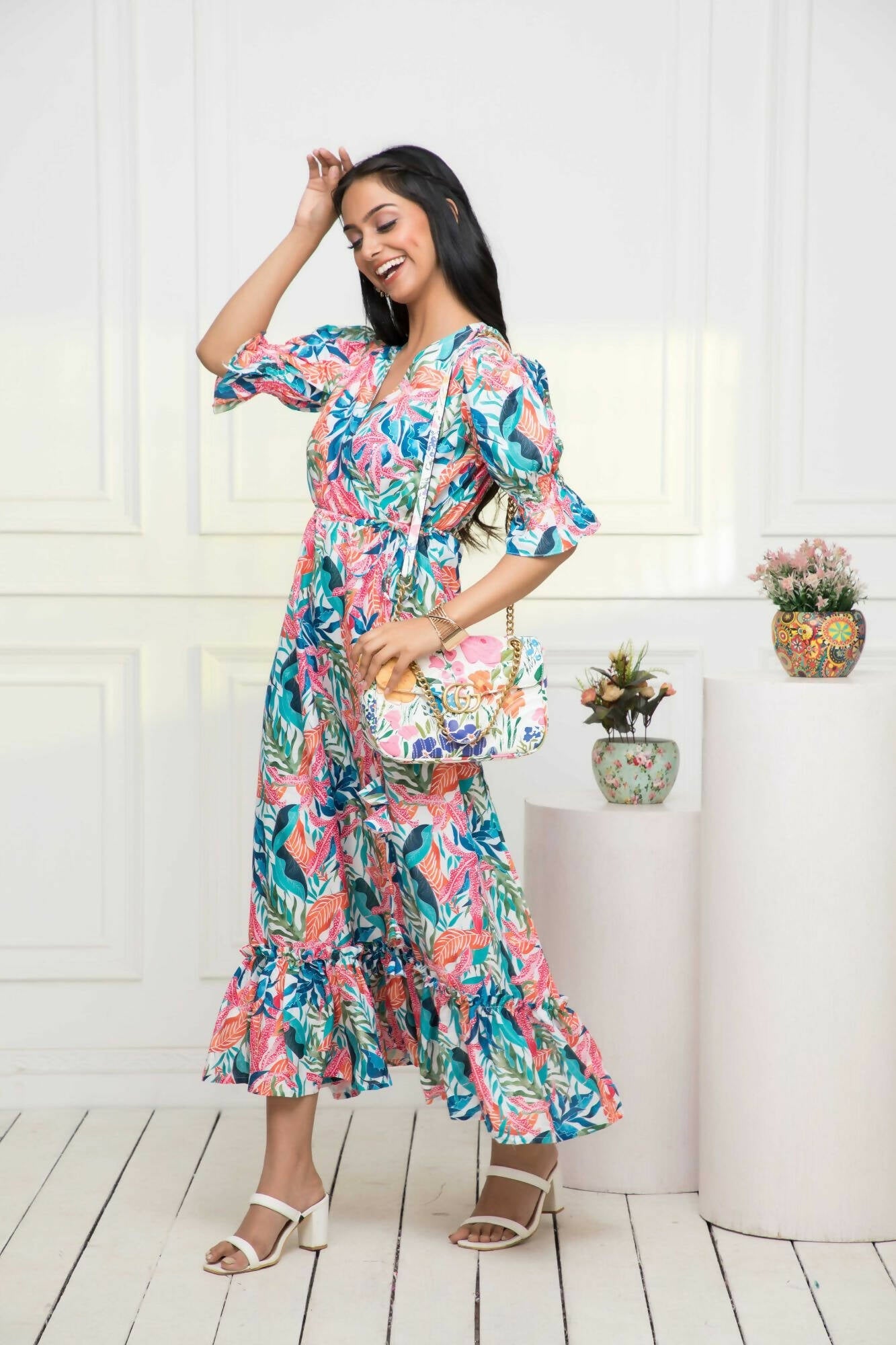 Myshka Women Multi Floral Polyester A-Line V-Neck Dress