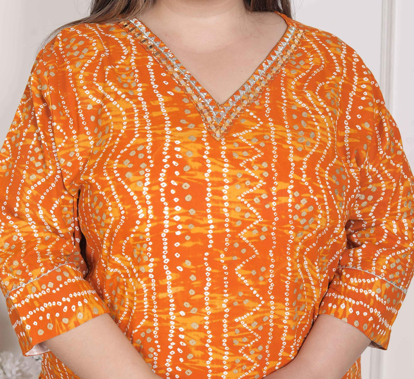 Miravan Women's Plus Size Yellow Bandhani Printed Straight Kurta