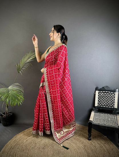 Joban Fashion Hot Pink Bandhej Bandhani Vichitra Silk Bandhani Prints Saree