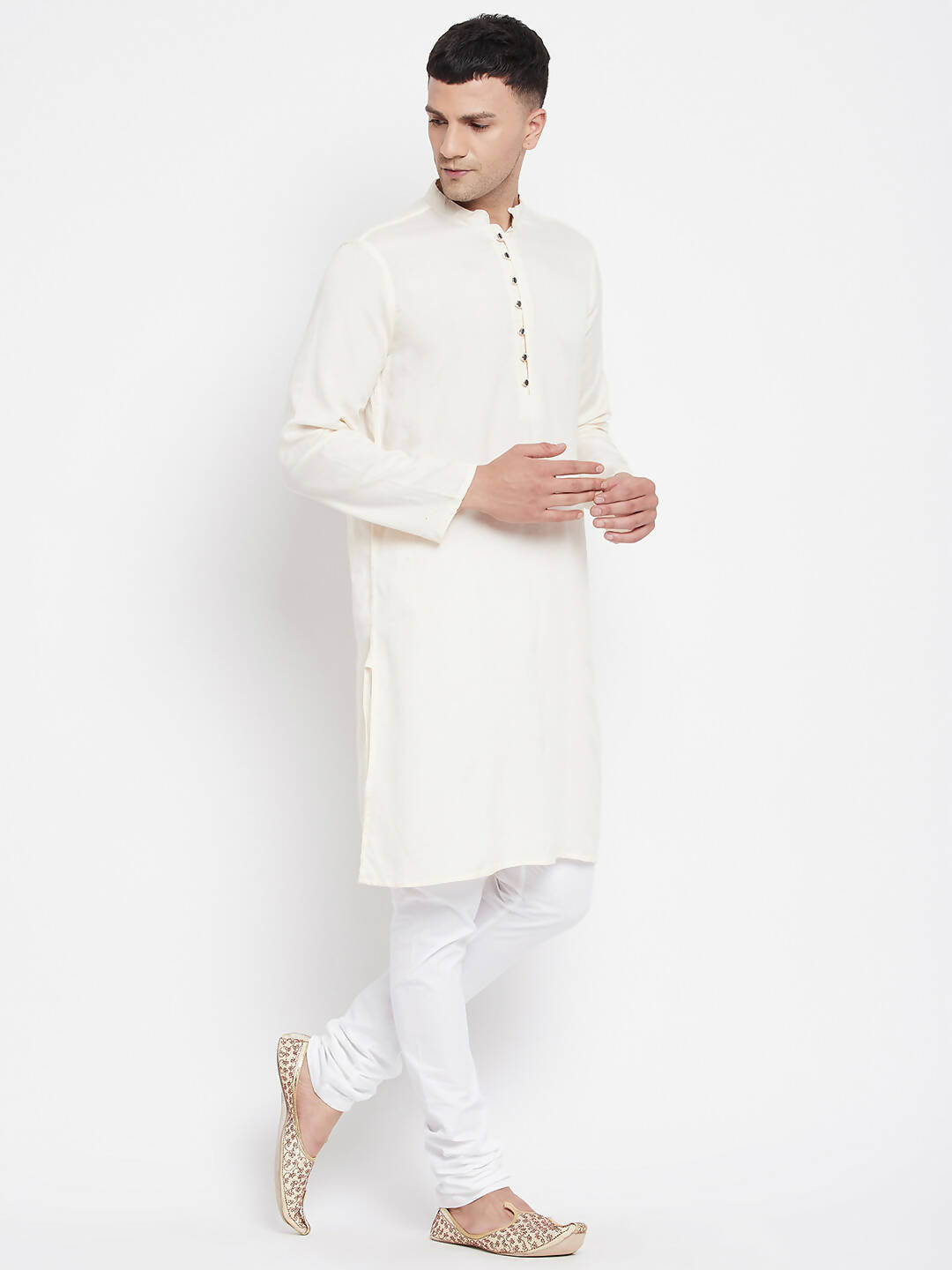 Even Apparels Cream Rayon Men's Kurta With Band Collar