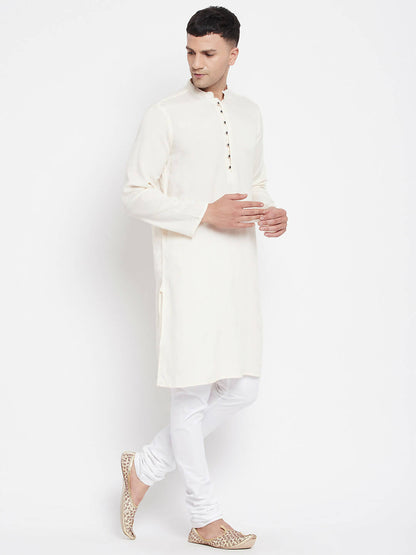 Even Apparels Cream Rayon Men's Kurta With Band Collar