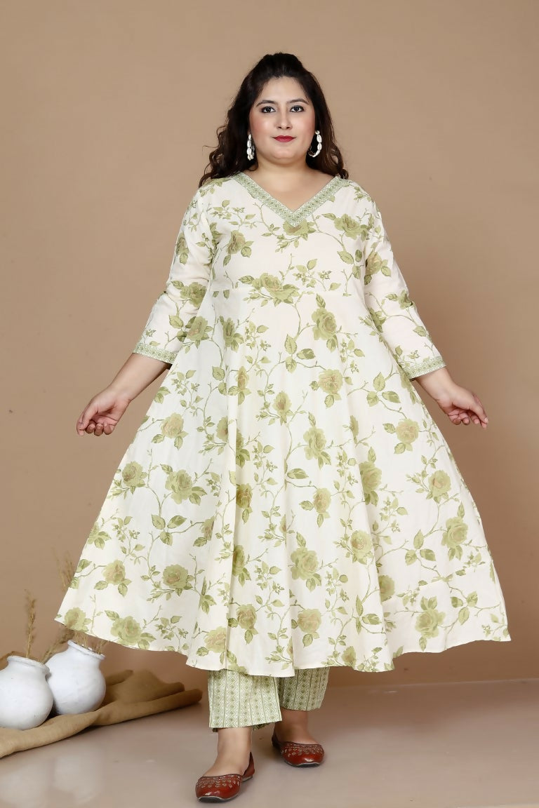 Miravan Women's Plus Size Green Printed Pure Cotton Kurta With Palazzo