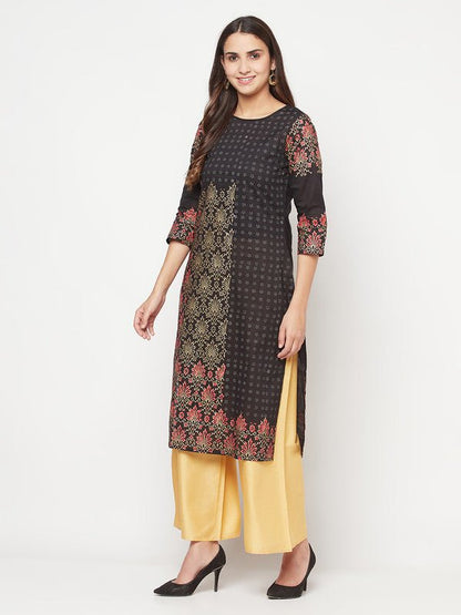 Aniyah Black Color Cotton Block Print Straight Kurta
