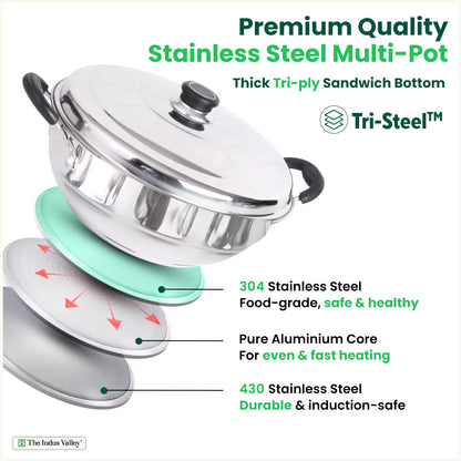 The Indus Valley 14 Pit Tri-Steel Multi Pot Premium Stainless Steel Idli/ Dhokla/ Momo Maker/  Veg Steaming Set, Tri-ply Induction Bottom, 5 Plates, 4.2L, 2.5kg