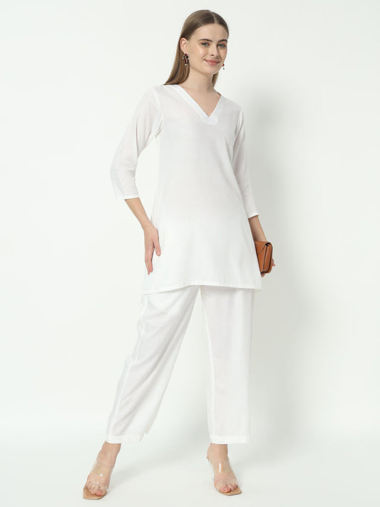 Fab Fashion White Pure Cotton V Neck Co-Ord Set