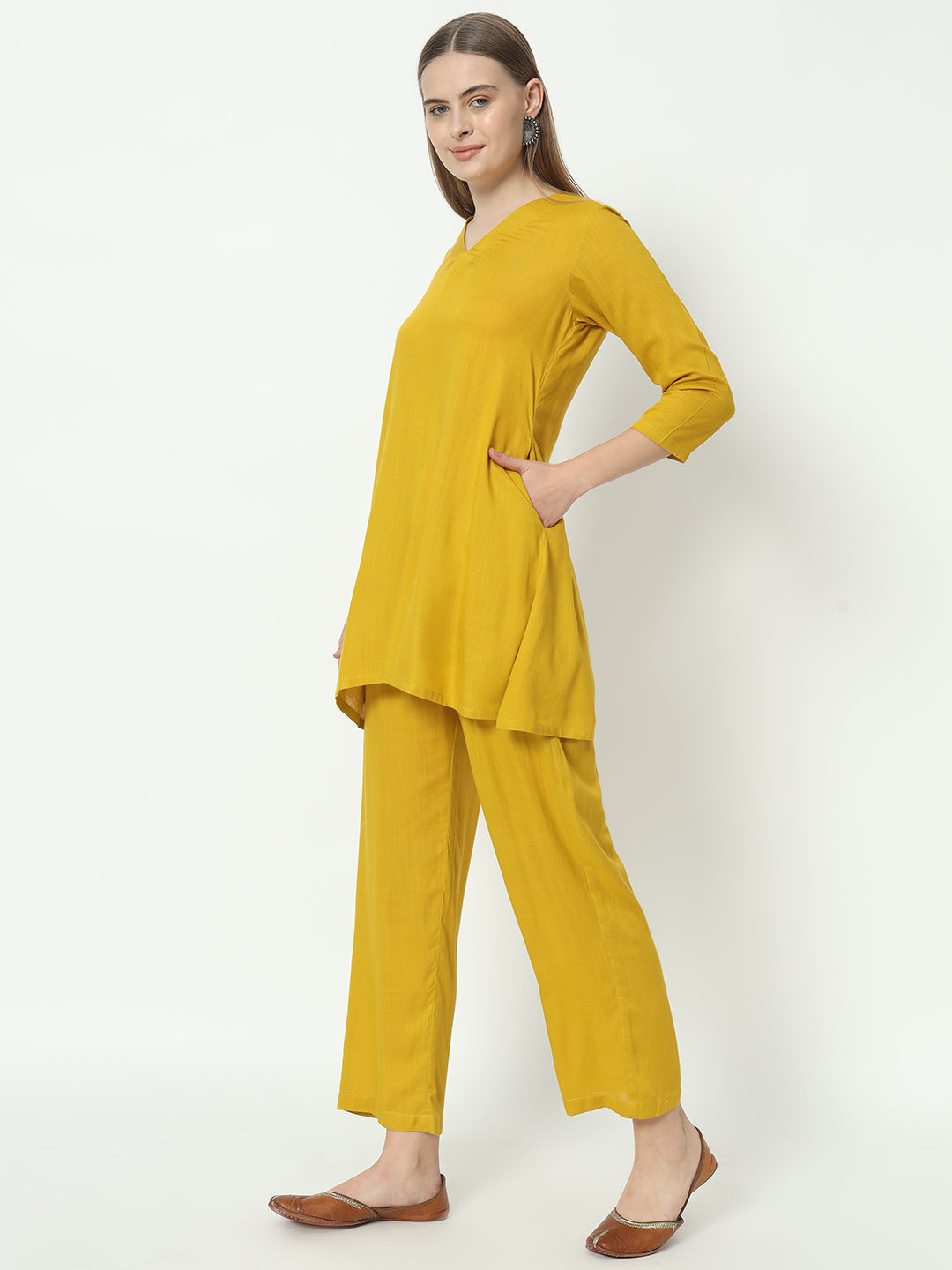 Fab Fashion Mustred Plain Pure Co-Ord Set
