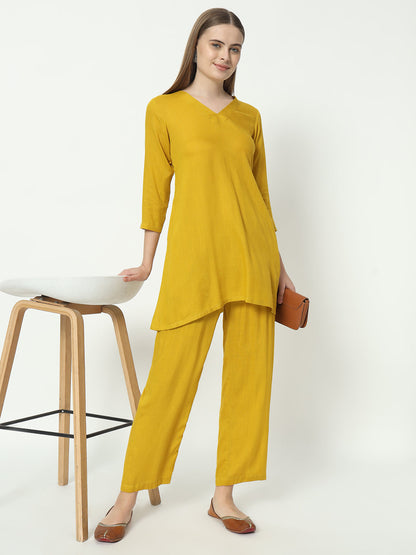 Fab Fashion Mustred Plain Pure Co-Ord Set