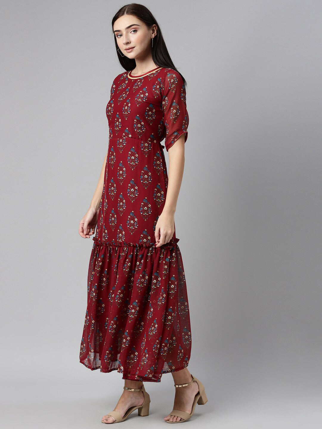 Souchii Floral Printed Boat Neck Chiffon Maxi Dress