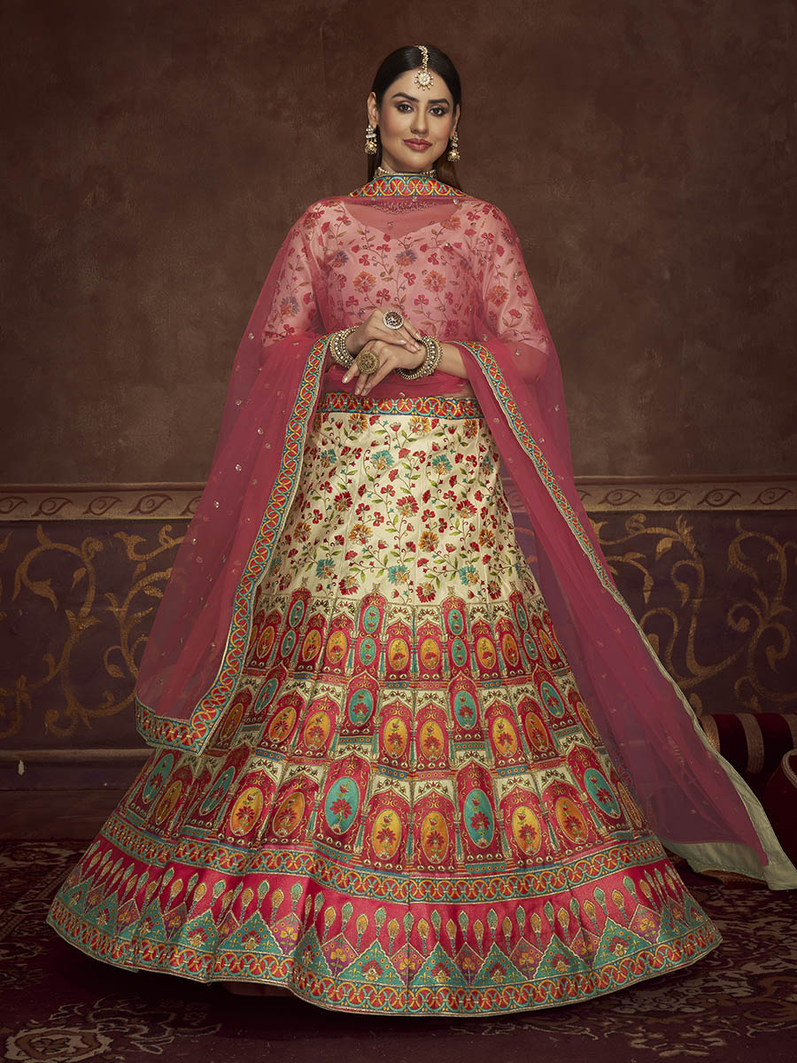 Myra Beige and Pink Art Silk Embroidered Designer Lehenga