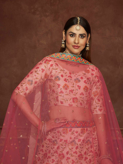 Myra Beige and Pink Art Silk Embroidered Designer Lehenga