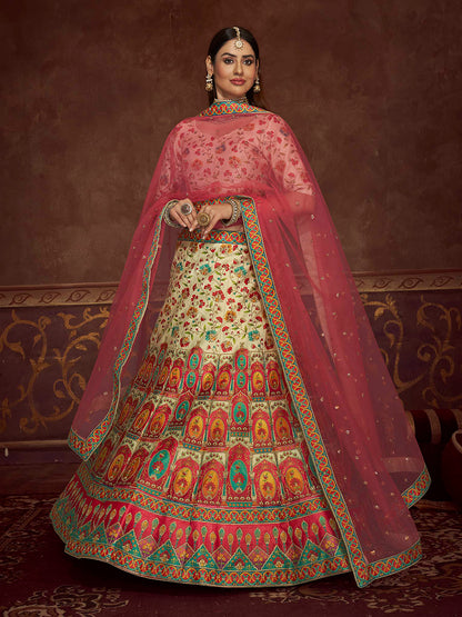 Myra Beige and Pink Art Silk Embroidered Designer Lehenga