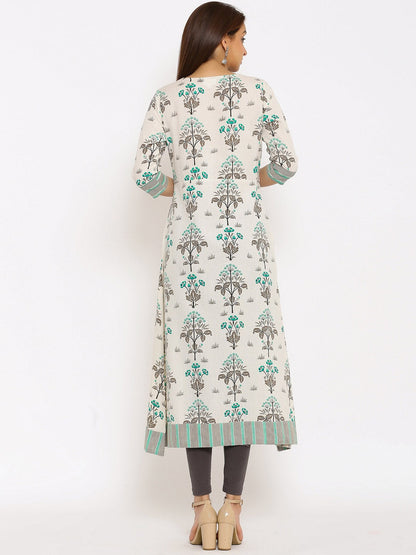 HERE&NOW Off-White & Grey Floral Printed Cotton Flax A-Line Kurta