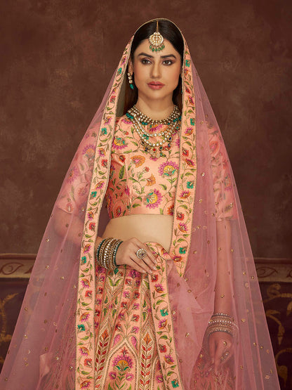 Myra Peach Pink Art Silk Embroidered Designer Lehenga
