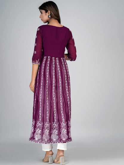 HERE&NOW Purple & White Floral Embroidered Paneled Georgette Anarkali Kurta