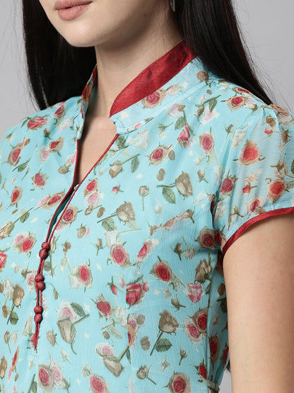 Souchii Blue Floral Printed Floral Anarkali Kurta