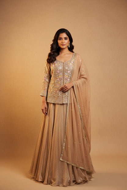 Golden lehenga Choli set with long blouse