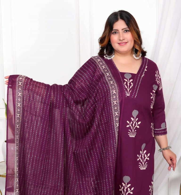 Miravan Women's Plus Size Cotton Fabric Purple Color Kurta With Palazzo And Dupatta