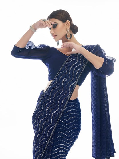 Myra Navy Blue Georgette Embroidered Designer Saree