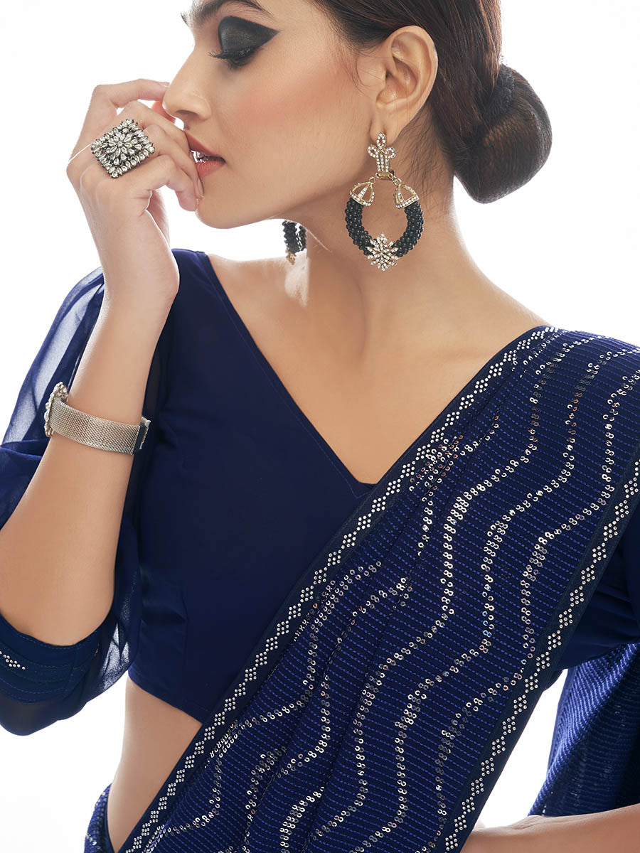 Myra Navy Blue Georgette Embroidered Designer Saree