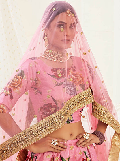 Myra Pink Floral Print Embroidered Designer Lehenga