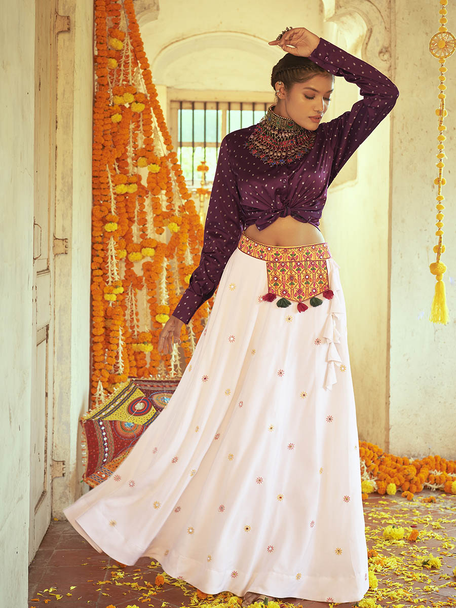 Myra Purple & White Cotton Embroidered Navratri Special Lehenga
