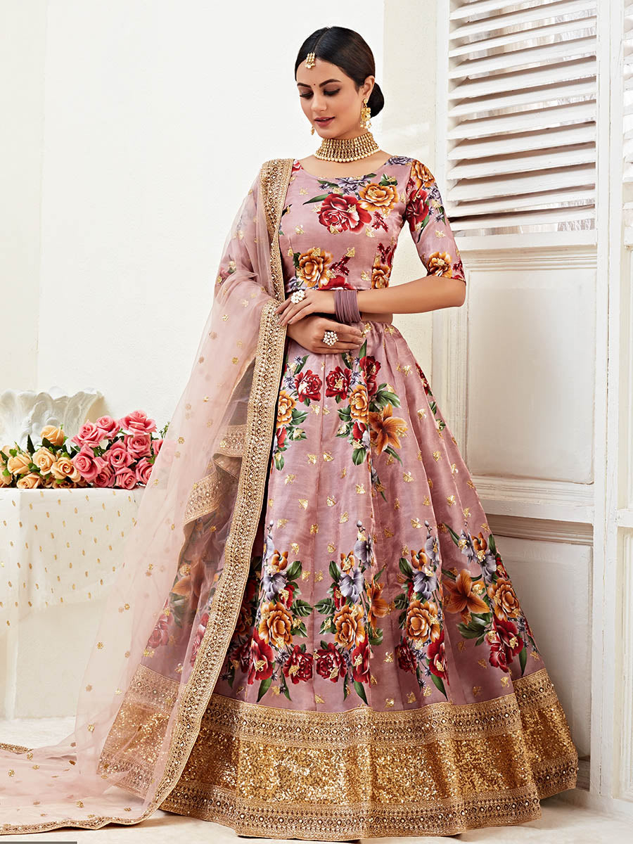 Myra Rosy Brown Floral Print Embroidered Designer Lehenga
