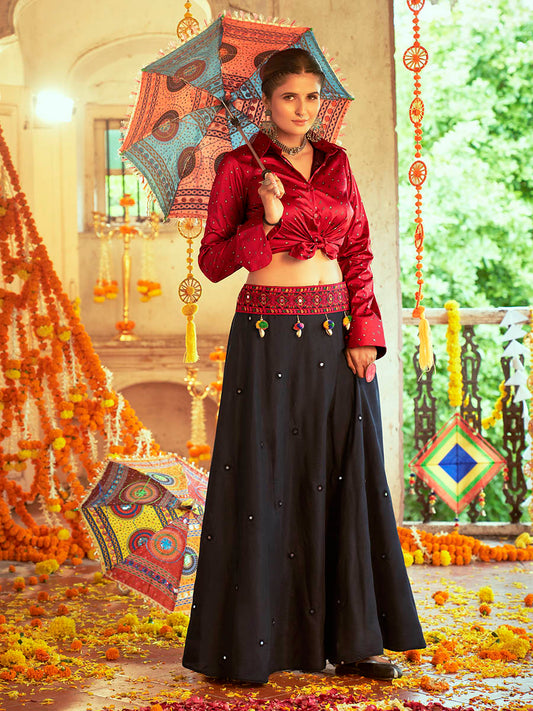 Myra Maroon & Black Cotton Embroidered Navratri Special Lehenga