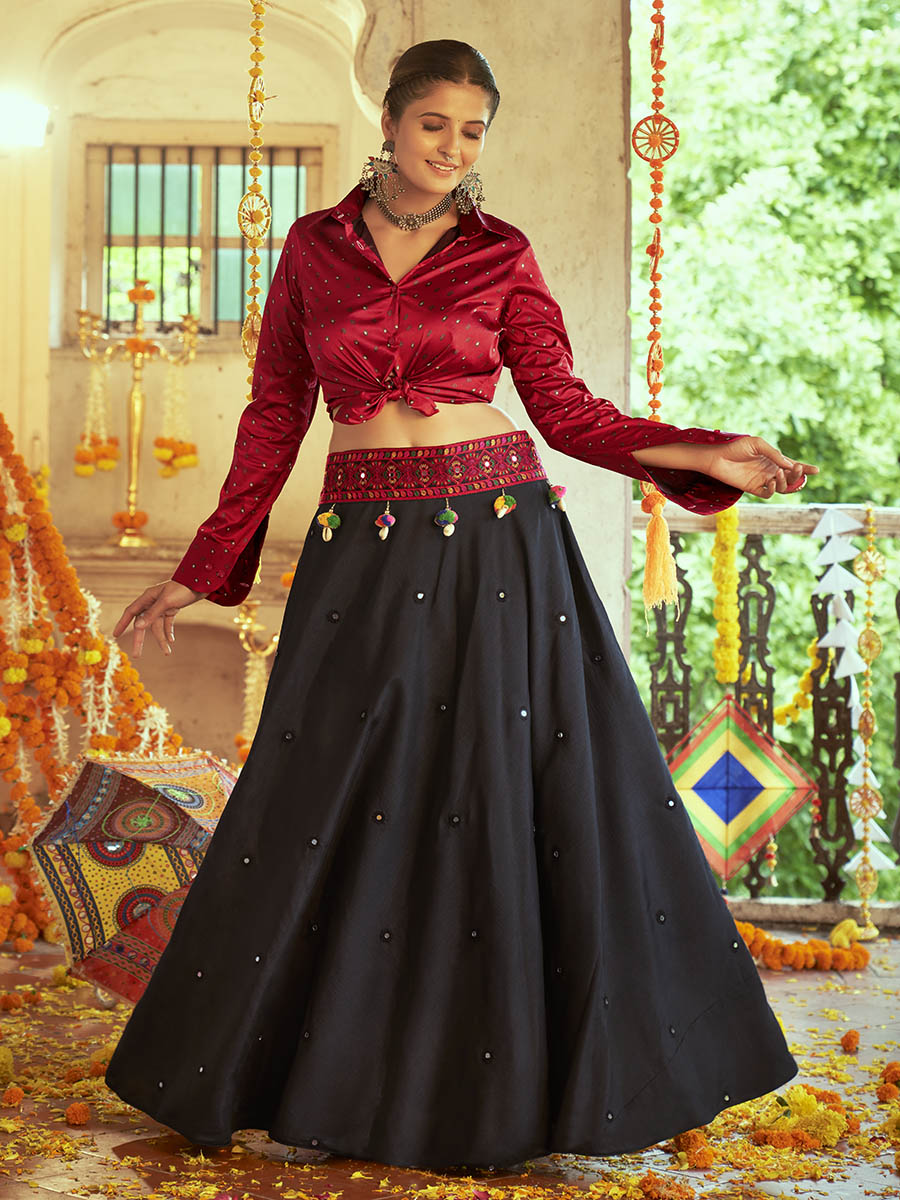 Myra Maroon & Black Cotton Embroidered Navratri Special Lehenga