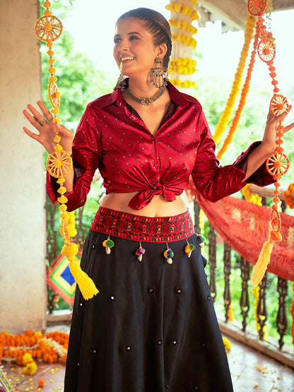 Myra Maroon & Black Cotton Embroidered Navratri Special Lehenga