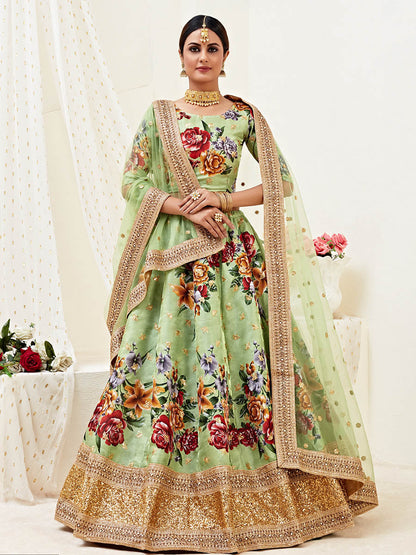 Myra Pista Floral Print Embroidered Designer Lehenga
