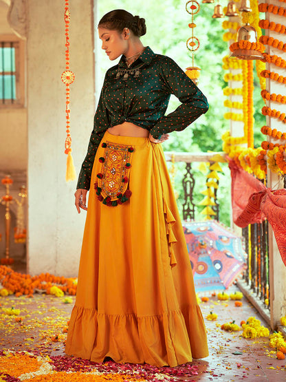 Myra Green & Musturd Yellow Cotton Embroidered Navratri Special Lehenga