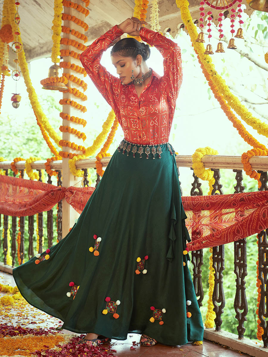 Myra Tomato Red & Green Cotton Embroidered Navratri Special Lehenga