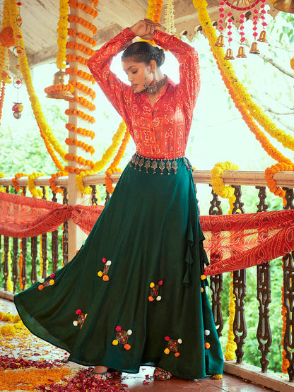 Myra Tomato Red & Green Cotton Embroidered Navratri Special Lehenga