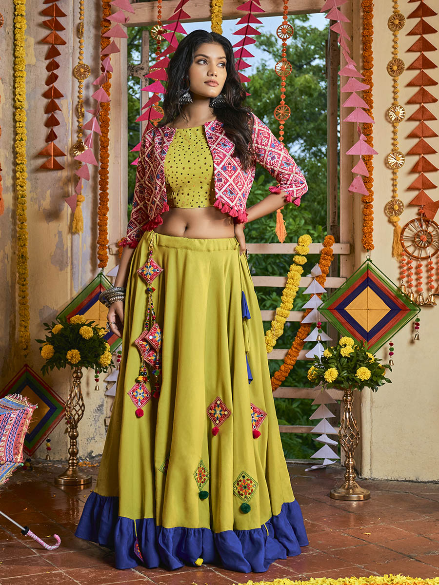 Myra Fluorescent Green Maslin Cotton Embroidered Navratri Special Lehenga