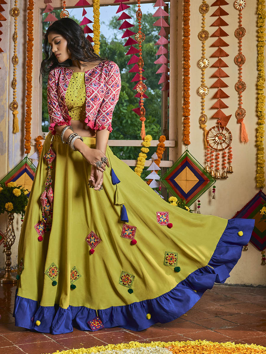 Myra Fluorescent Green Maslin Cotton Embroidered Navratri Special Lehenga