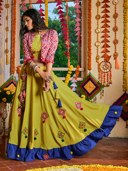 Myra Fluorescent Green Maslin Cotton Embroidered Navratri Special Lehenga
