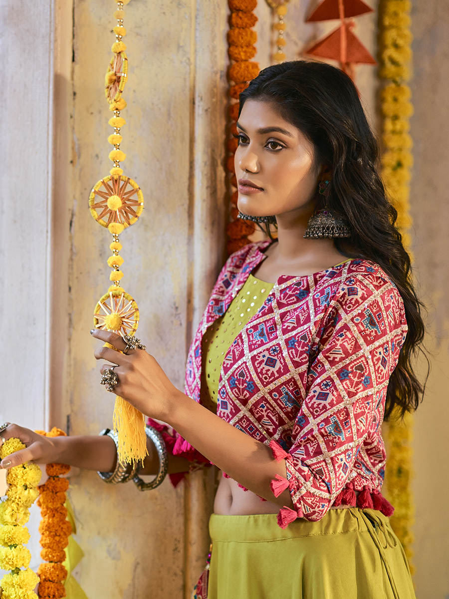 Myra Fluorescent Green Maslin Cotton Embroidered Navratri Special Lehenga