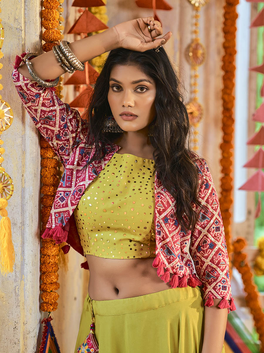 Myra Fluorescent Green Maslin Cotton Embroidered Navratri Special Lehenga
