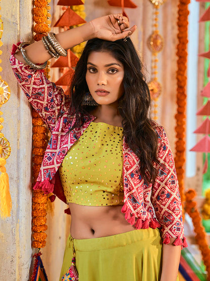 Myra Fluorescent Green Maslin Cotton Embroidered Navratri Special Lehenga