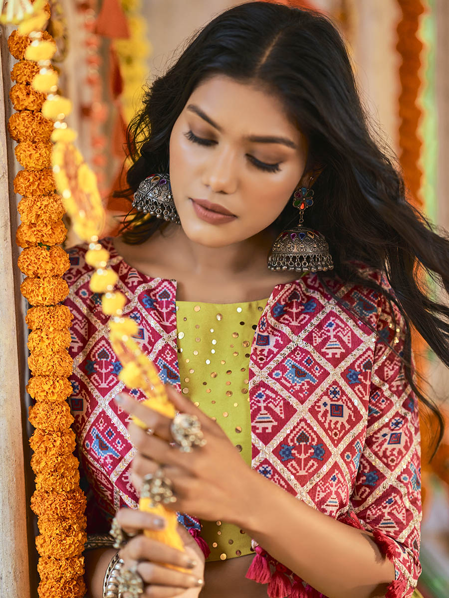 Myra Fluorescent Green Maslin Cotton Embroidered Navratri Special Lehenga